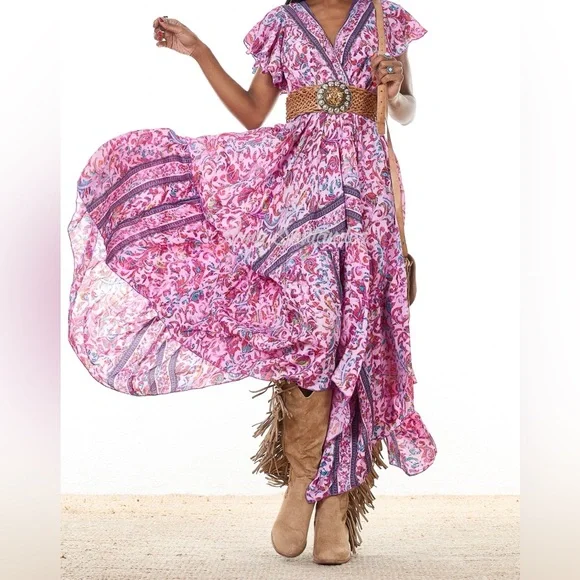 Bohemian flared paisley pink maxi dress one size 100% Viscose - Picture 5 of 17